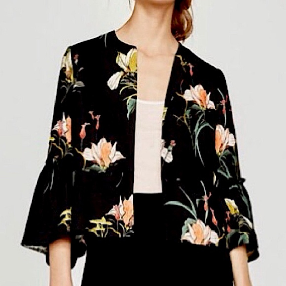 Zara | Black Floral Open Front Blazer With Bell Sleeves